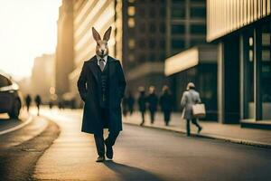 ein Hase tragen ein passen und Krawatte Gehen Nieder ein Stadt Straße. KI-generiert foto