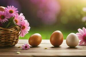 Ostern Eier im ein Korb mit Blumen. KI-generiert foto