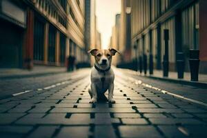 ein Hund Sitzung auf das Straße im ein Stadt. KI-generiert foto