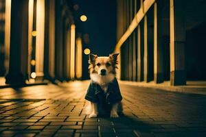 ein Hund Sitzung auf das Straße beim Nacht. KI-generiert foto