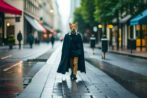 ein Fuchs tragen ein Mantel und Hut Spaziergänge Nieder ein Straße. KI-generiert foto