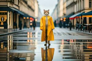 ein Katze im ein Gelb Mantel Gehen auf ein nass Straße. KI-generiert foto