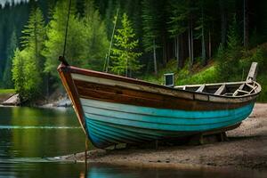 ein Boot sitzt auf das Ufer von ein See. KI-generiert foto