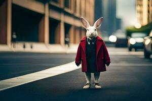 ein Hase tragen ein rot Mantel und Krawatte Stehen auf das Straße. KI-generiert foto