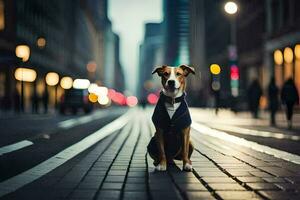 ein Hund im ein passen und Krawatte Sitzung auf das Straße. KI-generiert foto