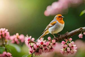 ein Vogel sitzt auf ein Ast mit Rosa Blumen. KI-generiert foto