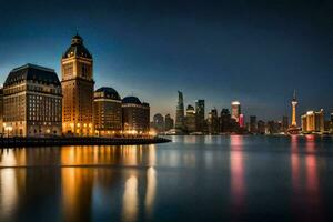 das Bund und Shanghai Horizont beim Dämmerung. KI-generiert foto