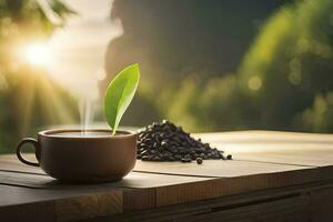 Kaffee Bohnen und ein Tasse von Kaffee. KI-generiert foto