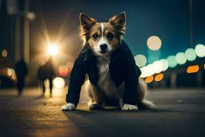 ein Hund Sitzung auf das Boden beim Nacht. KI-generiert foto