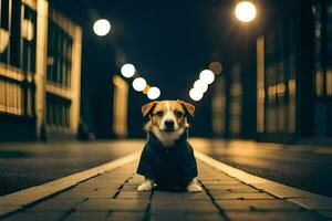 ein Hund im ein Jacke Stehen auf ein Straße beim Nacht. KI-generiert foto