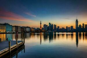 das Stadt Horizont beim Sonnenuntergang im Schanghai. KI-generiert foto