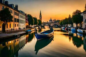 ein Boot ist angedockt im ein Kanal beim Sonnenuntergang. KI-generiert foto