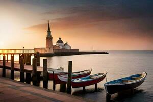 Boote angedockt beim das Seebrücke beim Sonnenuntergang. KI-generiert foto