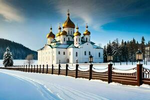 ein Weiß Kirche mit golden Kuppeln im das Schnee. KI-generiert foto