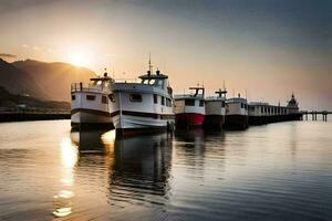 Boote angedockt beim das Hafen beim Sonnenuntergang. KI-generiert foto