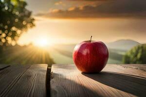 ein Apfel sitzt auf ein hölzern Tabelle im Vorderseite von das Sonne. KI-generiert foto