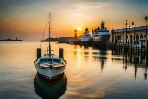 ein Boot sitzt im das Wasser beim Sonnenuntergang. KI-generiert foto