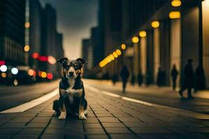 ein Hund Sitzung auf das Straße beim Nacht. KI-generiert foto