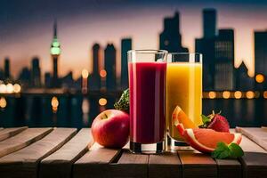 Saft und Obst auf ein hölzern Tabelle mit Stadt Horizont im das Hintergrund. KI-generiert foto