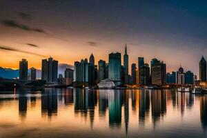 das Stadt Horizont ist reflektiert im das Wasser beim Sonnenuntergang. KI-generiert foto