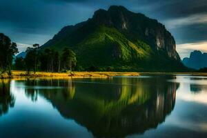 das Berge sind reflektiert im das Wasser. KI-generiert foto