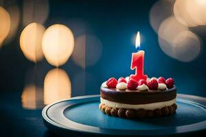 ein Schokolade Geburtstag Kuchen mit einer Kerze auf Es. KI-generiert foto