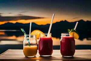 drei Brille von Saft mit Strohhalme auf ein hölzern Tisch. KI-generiert foto