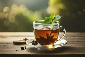 ein Tasse von Tee mit ein Blatt auf das Tisch. KI-generiert foto