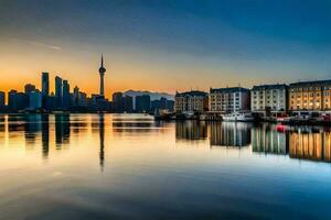 das Stadt Horizont ist reflektiert im das Wasser beim Sonnenuntergang. KI-generiert foto