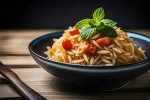 ein Schüssel von Pasta mit Tomaten und Basilikum. KI-generiert foto