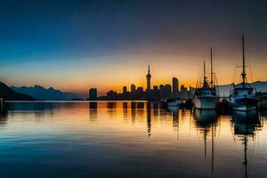 Boote sind angedockt im das Wasser beim Sonnenuntergang. KI-generiert foto