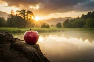 Foto Hintergrund Sonnenuntergang, das Apfel, das Fluss, das See, das Berge, das Sonnenuntergang,. KI-generiert