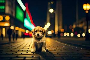 ein Hündchen Sitzung auf das Straße beim Nacht. KI-generiert foto