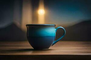 ein Blau Kaffee Tasse sitzt auf ein hölzern Tisch. KI-generiert foto