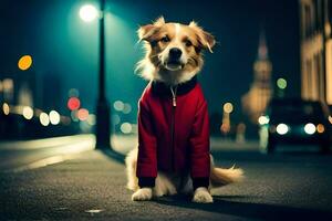 ein Hund tragen ein rot Jacke Sitzung auf das Straße beim Nacht. KI-generiert foto