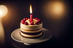 ein klein Geburtstag Kuchen mit ein Single Kerze. KI-generiert foto