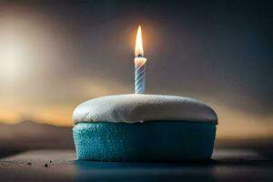ein Blau Cupcake mit ein Single Kerze. KI-generiert foto