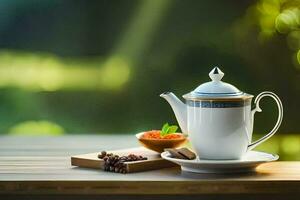 Tee Topf und Untertasse auf hölzern Tisch. KI-generiert foto