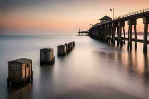 ein lange Exposition fotografieren von ein Seebrücke beim Sonnenuntergang. KI-generiert foto