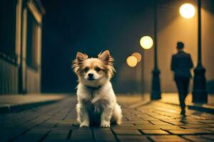 ein Hund Sitzung auf ein Backstein Straße beim Nacht. KI-generiert foto