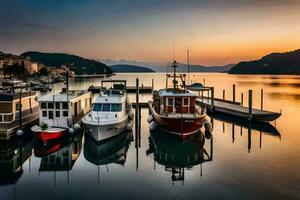 Boote angedockt beim das Dock beim Sonnenuntergang. KI-generiert foto