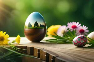 Ostern Eier auf ein Tabelle mit Blumen und Bäume. KI-generiert foto