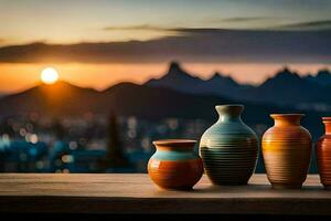 drei Vasen Sitzung auf ein hölzern Tabelle mit ein Sonnenuntergang im das Hintergrund. KI-generiert foto