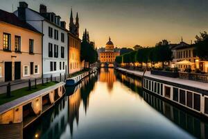 ein Kanal im das Mitte von ein Stadt beim Sonnenuntergang. KI-generiert foto