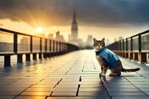 ein Katze im ein Blau Jacke Stehen auf ein Brücke. KI-generiert foto