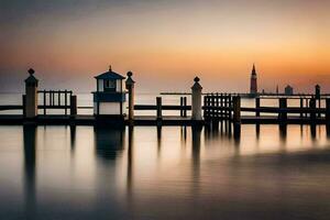 ein Seebrücke mit ein Leuchtturm beim Sonnenuntergang. KI-generiert foto