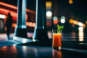 ein Glas von Orange Saft Sitzung auf das Fußboden im Vorderseite von ein Gebäude. KI-generiert foto