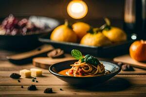 Spaghetti mit Tomate Soße und Käse auf ein hölzern Tisch. KI-generiert foto