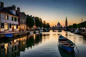 ein Boot ist angedockt im ein Kanal beim Sonnenuntergang. KI-generiert foto