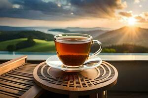 ein Tasse von Tee auf ein Terrasse mit Blick auf das Berge. KI-generiert foto